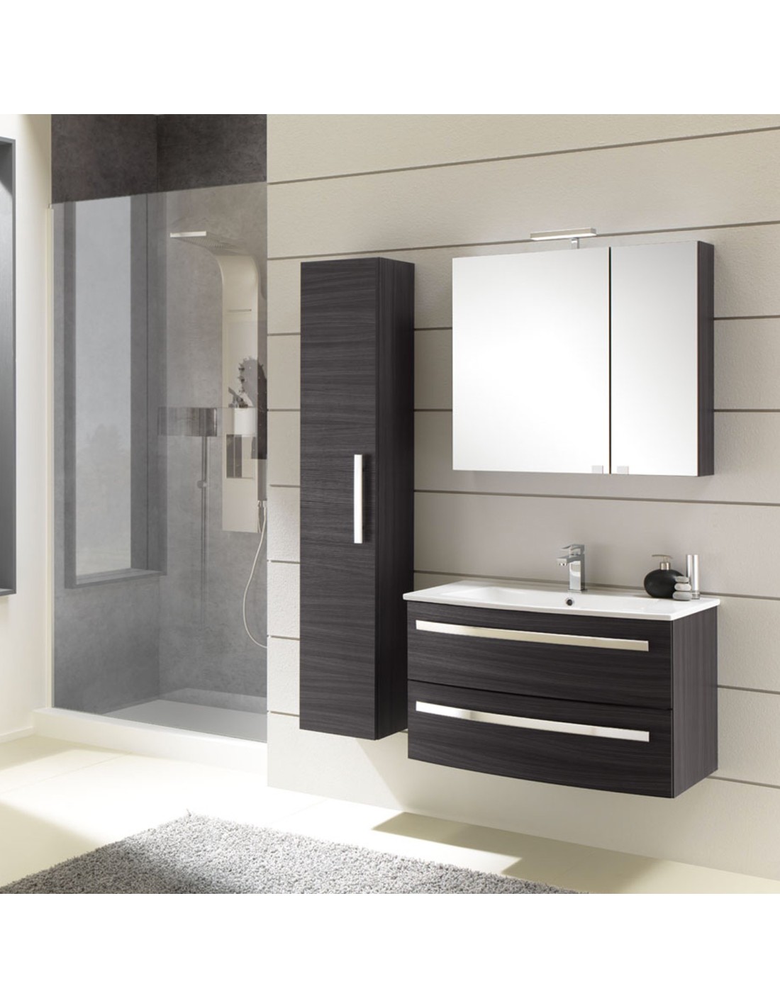 Oscar mobile da bagno sospeso cm 115x190x46 finitura laccato lucido bianco, larice
