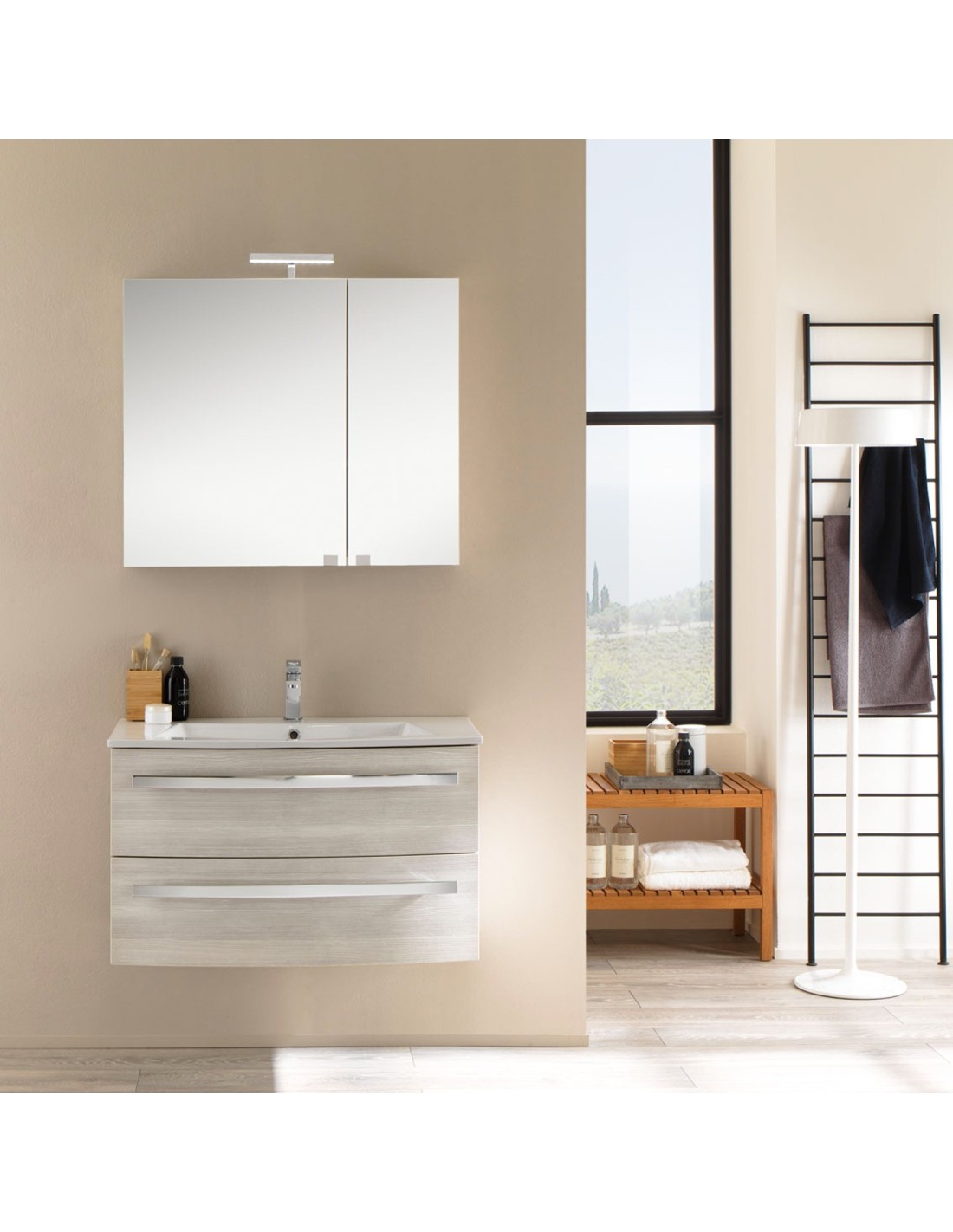 Oscar mobile da bagno sospeso cm 85x190x46 finitura laccato lucido bianco, larice