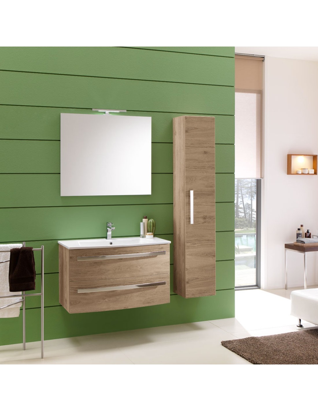 Oscar mobile da bagno sospeso cm L.115 - H. 190 - P.46 finitura laccato lucido bianco, larice