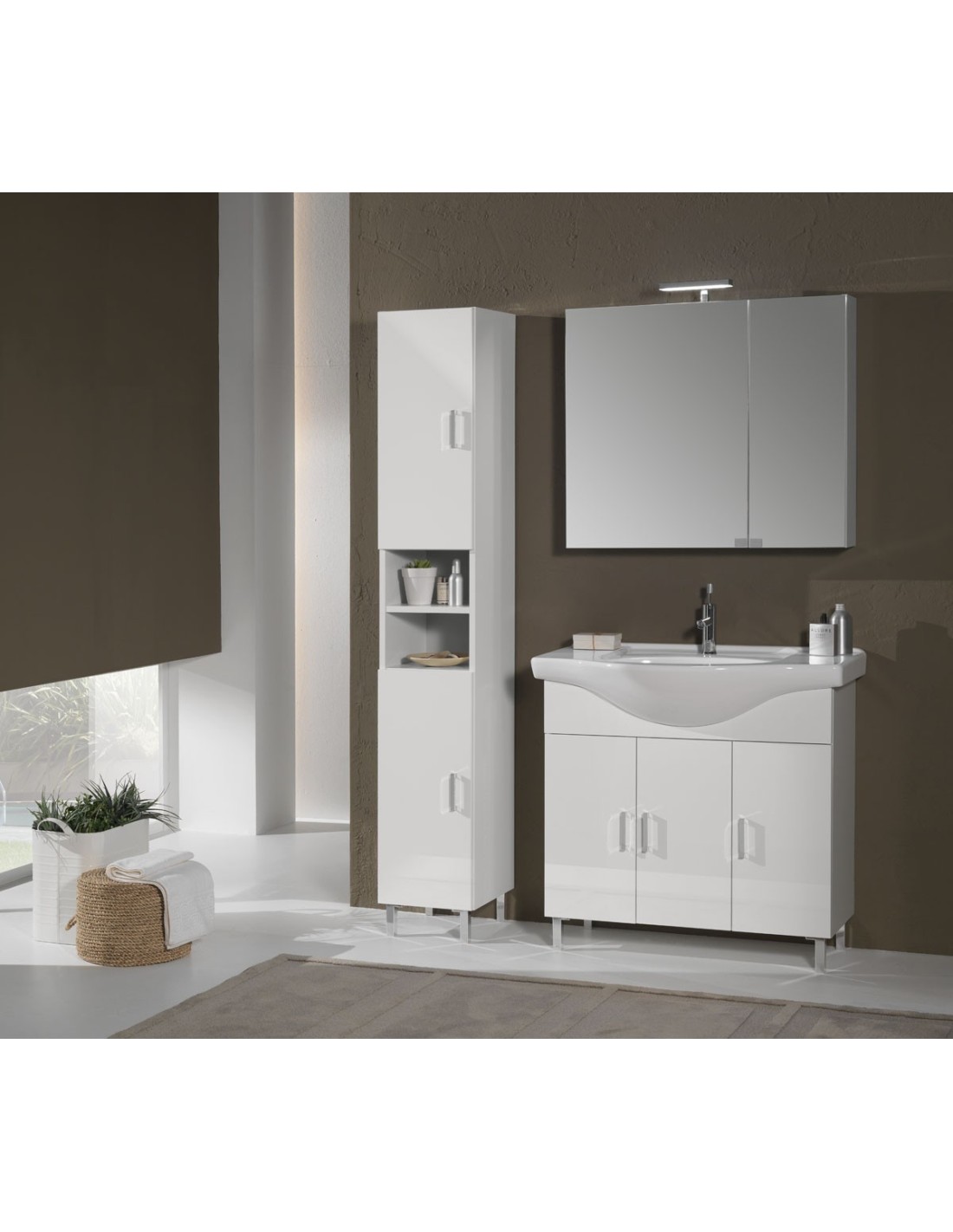 Pisa mobile bagno a terra 115X185X48 finitura laccato bianco lucido/rovere scuro/larice