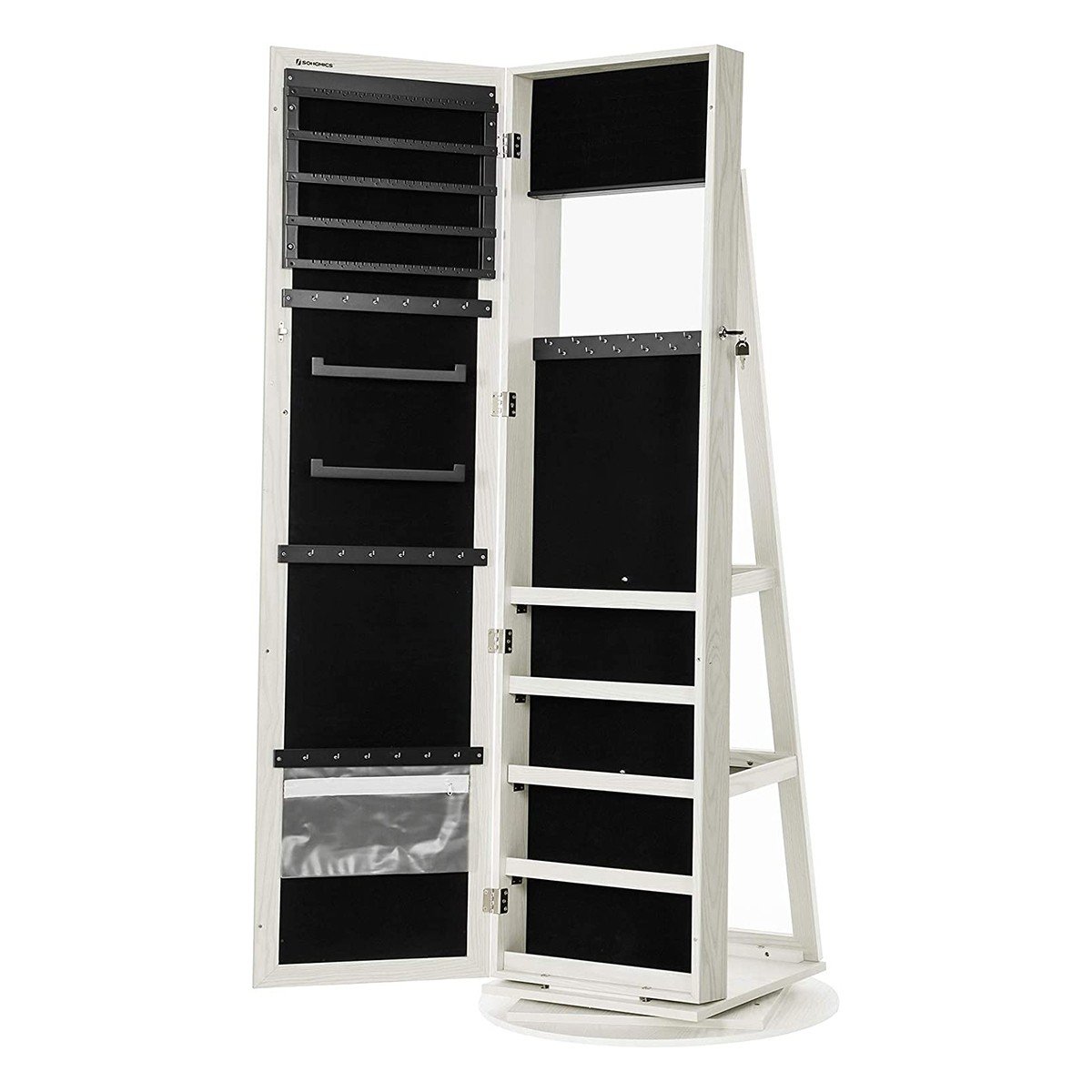 Portagioie girevole su gambe 3 in 1 con grande specchio e mensole - H160 cm