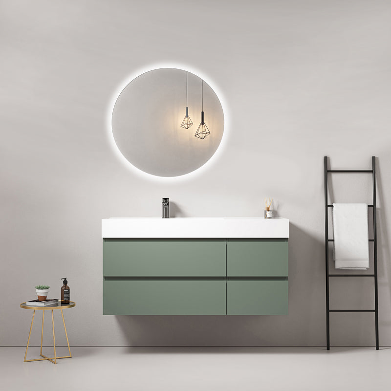 Mobile bagno sospeso 120 cm Verde Salvia Lavabo a Sinistra in Resina Specchio Tondo Retroilluminato - Fiji Paint