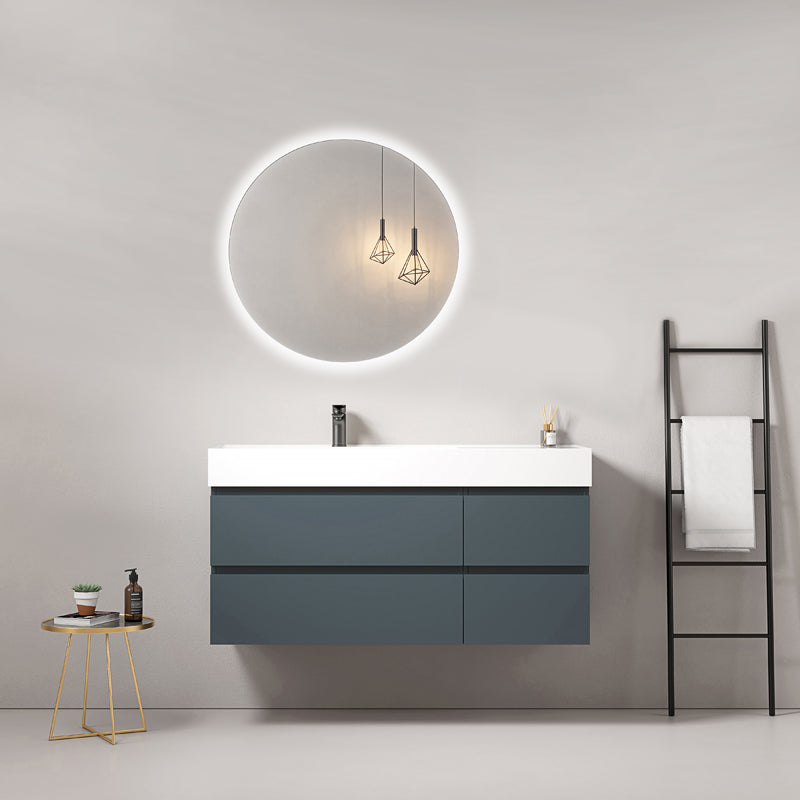 Mobile bagno sospeso 120 cm Blu Mare Lavabo a Sinistra in Resina Specchio Tondo Retroilluminato - Fiji Paint