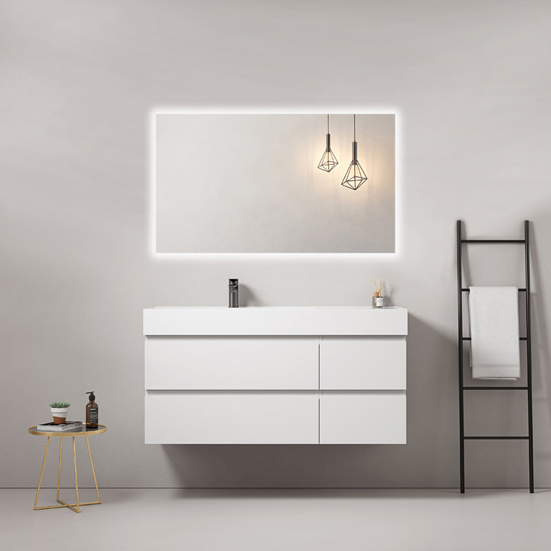 Mobile bagno sospeso 120 cm Bianco Lavabo a Sinistra in Resina Specchio Quadro Retroilluminato - Fiji Paint