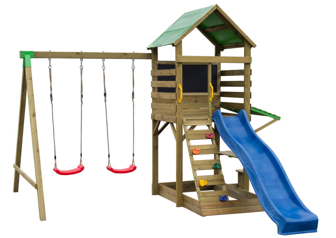 Torretta gioco S14 incl. scivolo a onde, altalena doppia, sabbiera, parete da arrampicata e panca con tetto - misure: 340 x 380 cm (l x p)