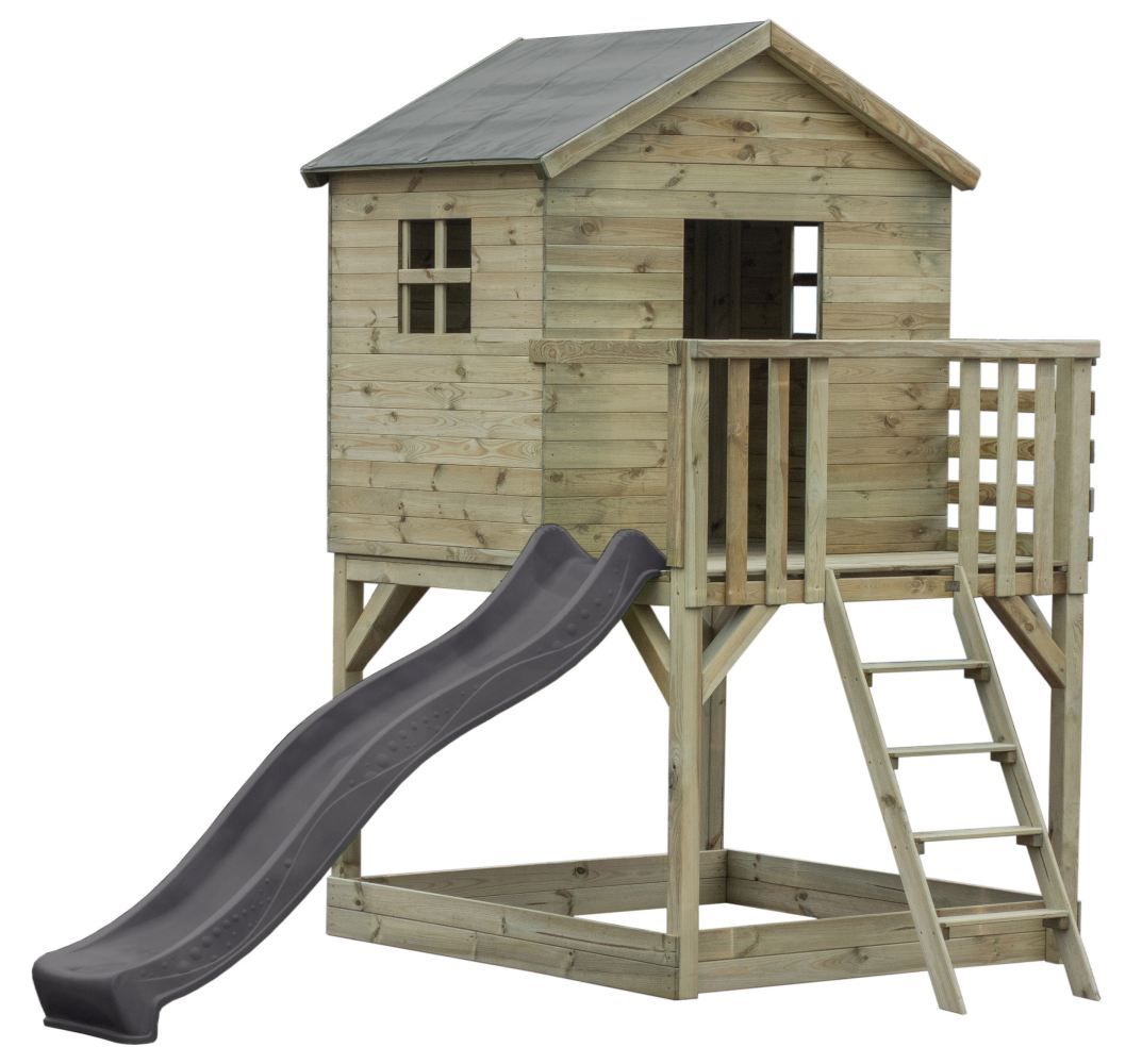 Torretta gioco S20B, tetto: grigio, incl. scivolo a onde, balcone, sabbiera e scala di legno - misure: 330 x 251 cm (l x p)