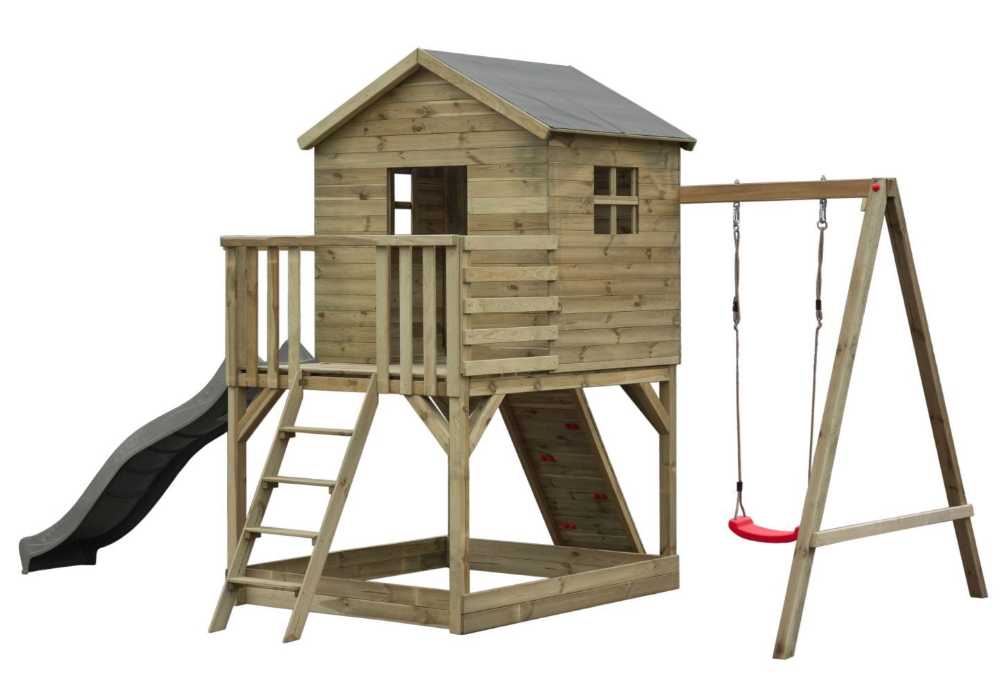 Torre gioco S20C1, tetto: grigio, incl. scivolo a onde, estensione dell'altalena singola, balcone, sabbiera, parete da arrampicata e scala in legno - Dimensioni: 462 x 363 cm (L x P)
