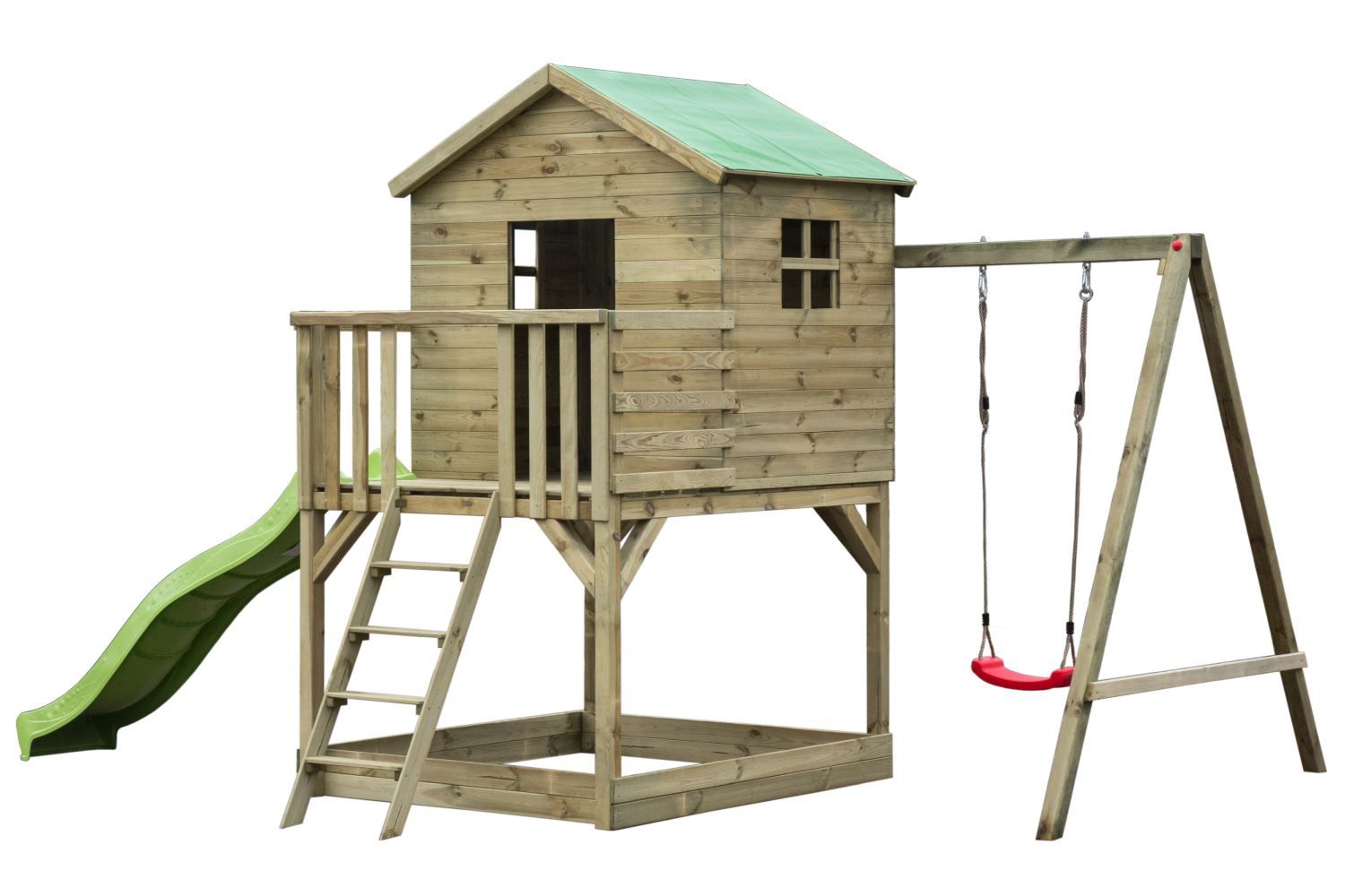 Torretta gioco S20C, tetto: verde, incl. scivolo a onde, struttura per altalena singola, balcone, sabbiera e scala di legno - misure: 462 x 363 cm (l x p)