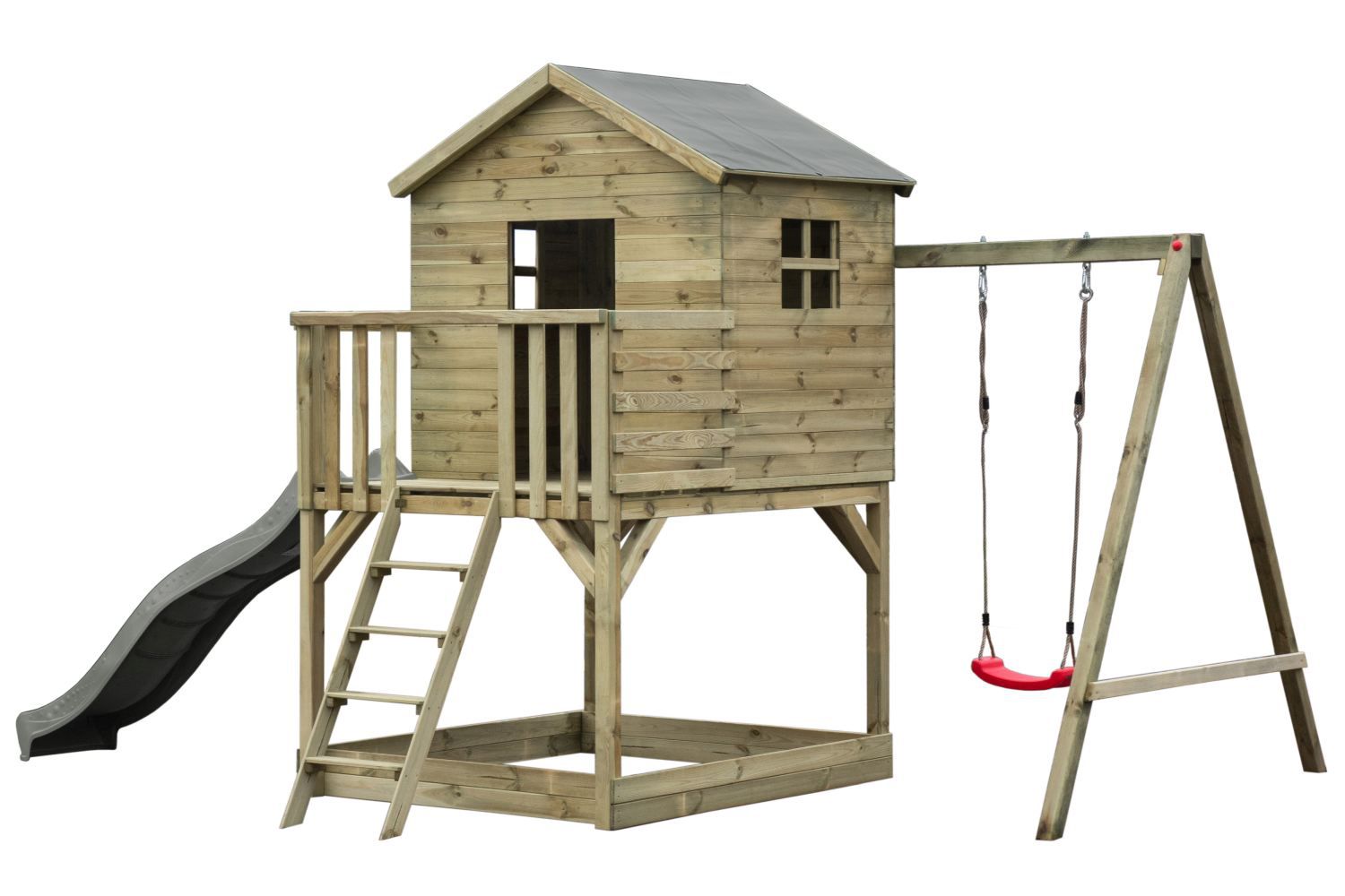Torretta gioco S20C, tetto: grigio, incl. scivolo a onde, struttura per altalena singola, balcone, sabbiera e scala di legno - misure: 462 x 363 cm (l x p)