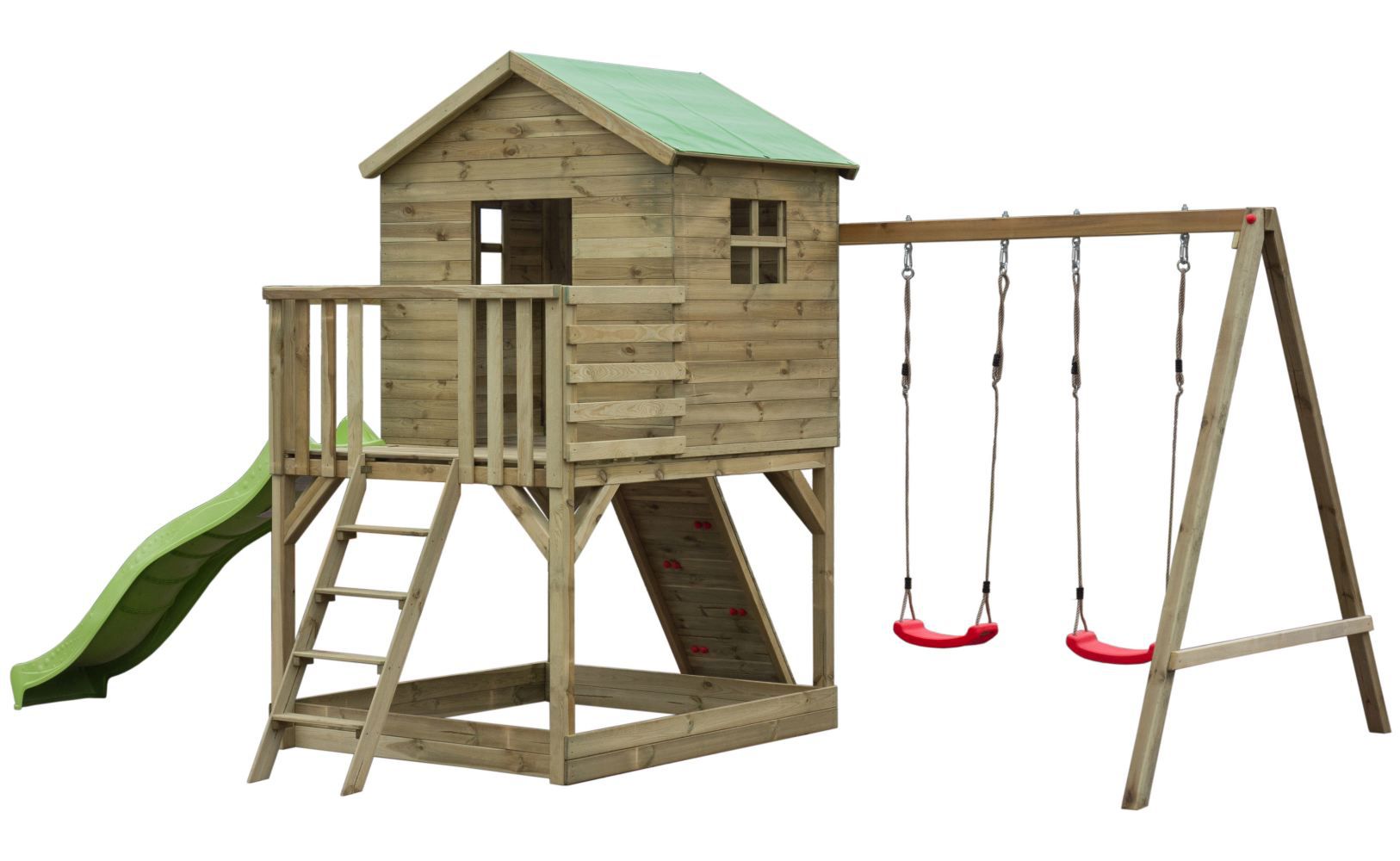 Torretta gioco S20D1, tetto: verde, incl. scivolo a onde, struttura per altalena doppia, balcone, sabbiera, parete da arrampicata e scala in legno - misure: 522 x 363 cm (l x p)