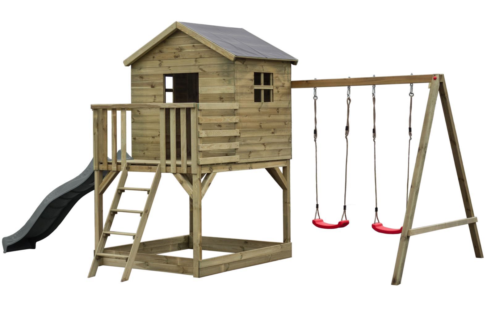 Torretta gioco S20D, tetto: grigio, incl. scivolo a onde, struttura per altalena doppia, balcone, sabbiera e scala di legno - misure: 522 x 363 cm (l x p)