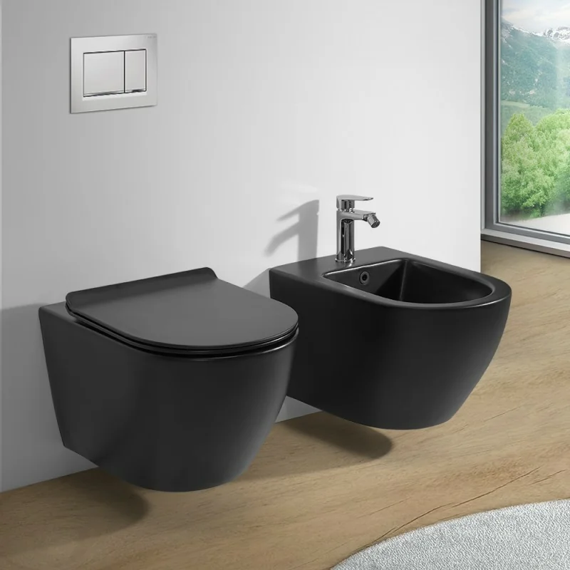 Sanitari sospesi rimless in ceramica nero opaca con copriwc Tokyo