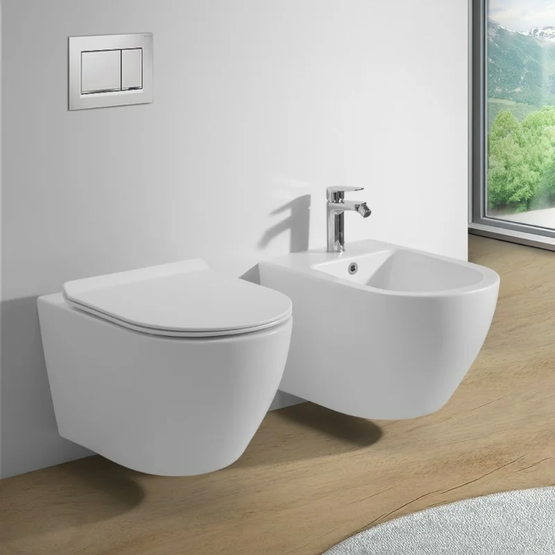 Sanitari sospesi in ceramica bianca opaca con copriwc e scarico rimless Tokyo