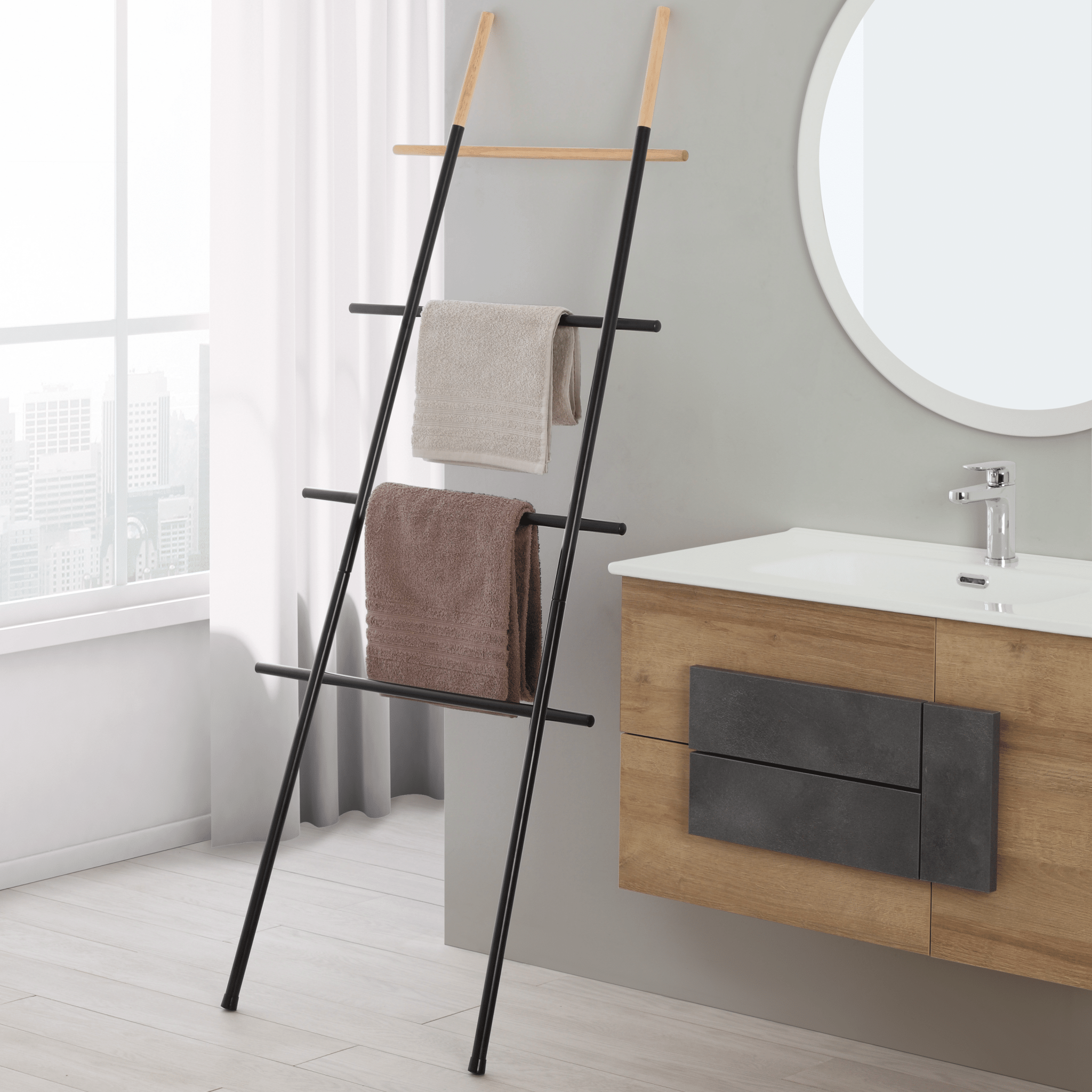 Scala Portasciugamani 170 Cm Quattro Barre Feridras Nero Con Inserti In Legno