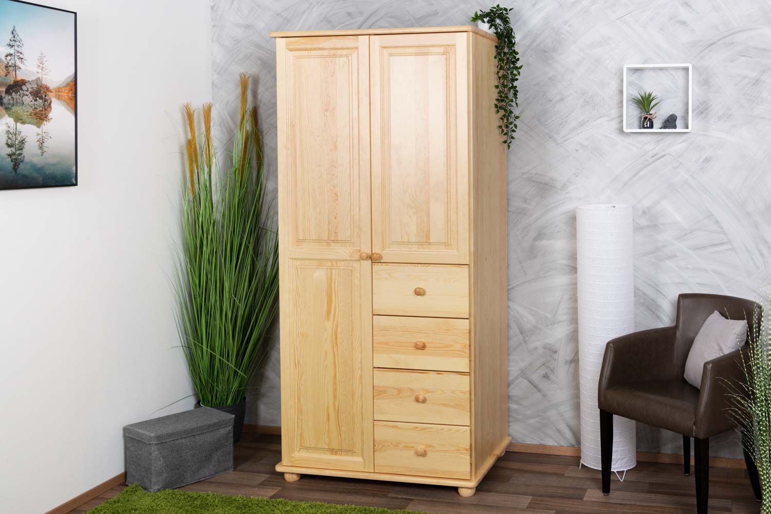 Armadio "Junco" 11, pino massiccio, naturale - 195 x 92 x 59 cm (h x l x p)