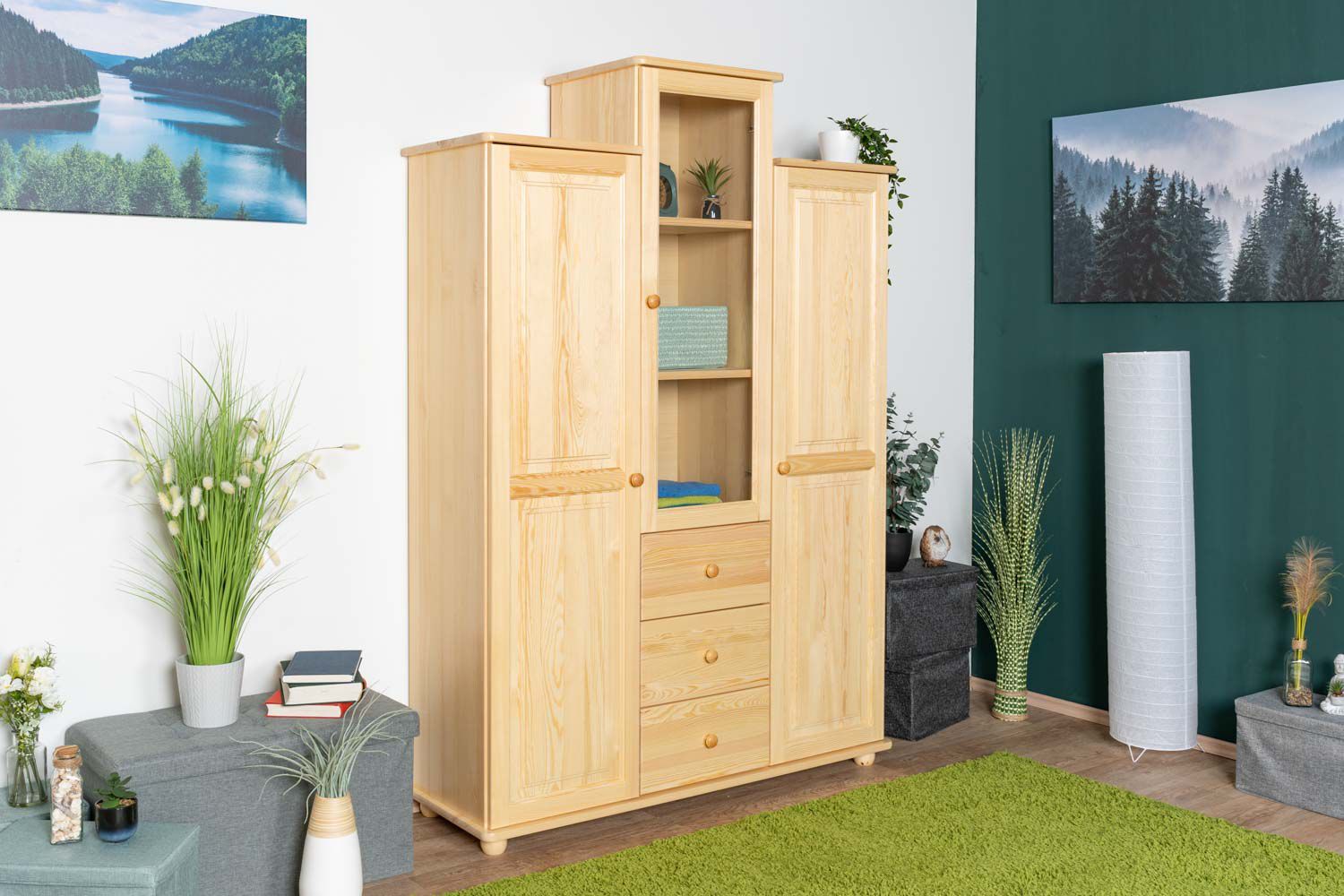 Armadio "Junco" 18, pino massiccio, naturale - 195 x 135 x 44 cm (h x l x p)