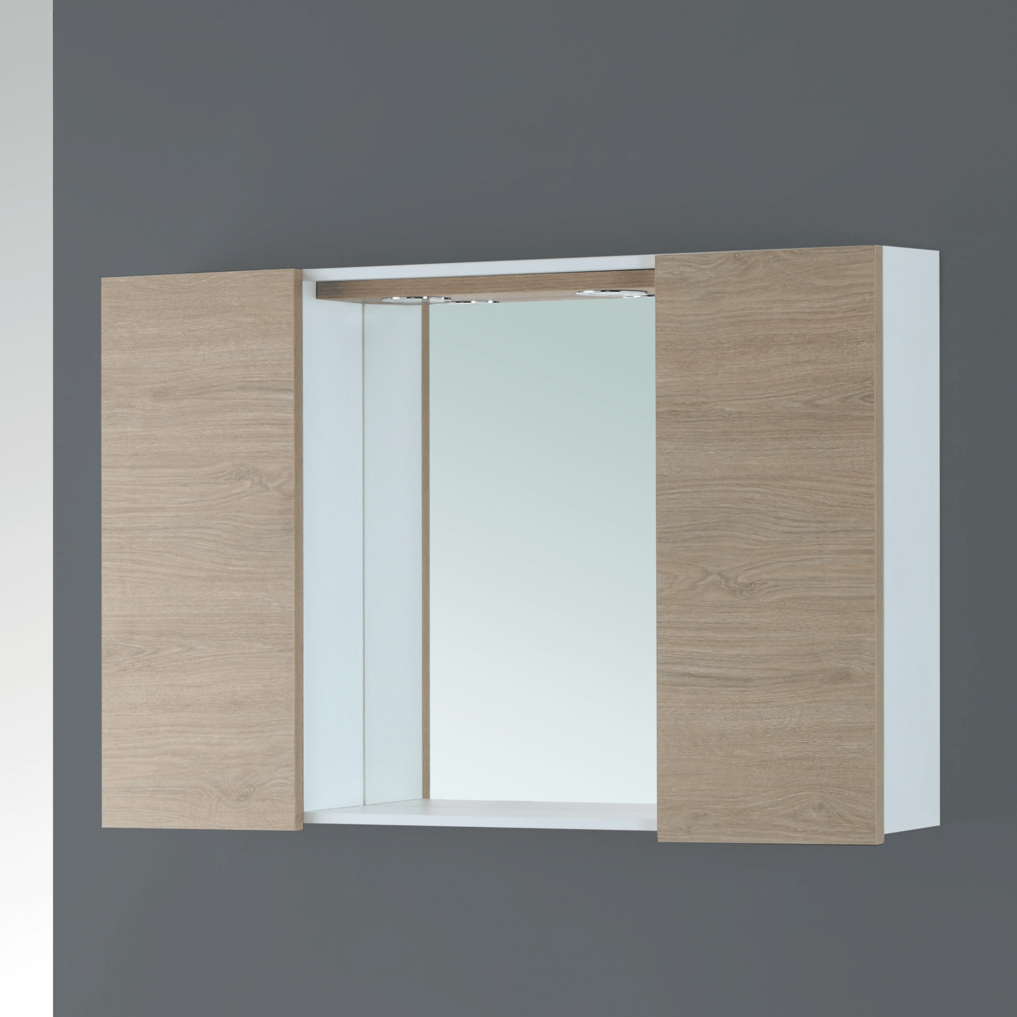 Specchio Contenitore 90x60 Cm Due Ante Con Illuminazione Led Feridras "Stella" Bianco/Rovere Dolomite