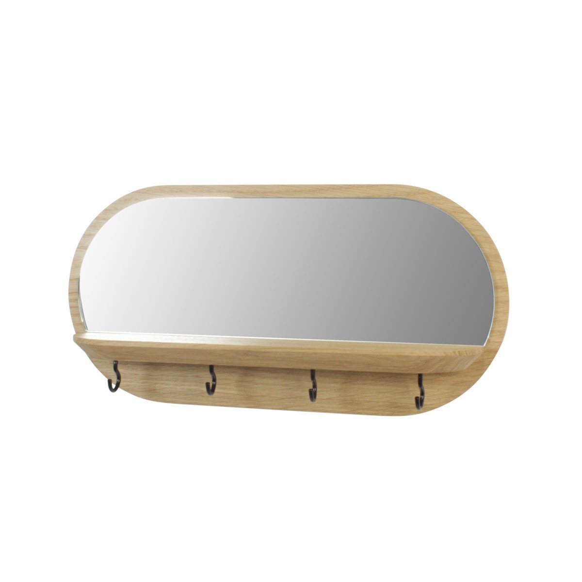 Specchio da parete con mensola e ganci metallici neri - L35 cm