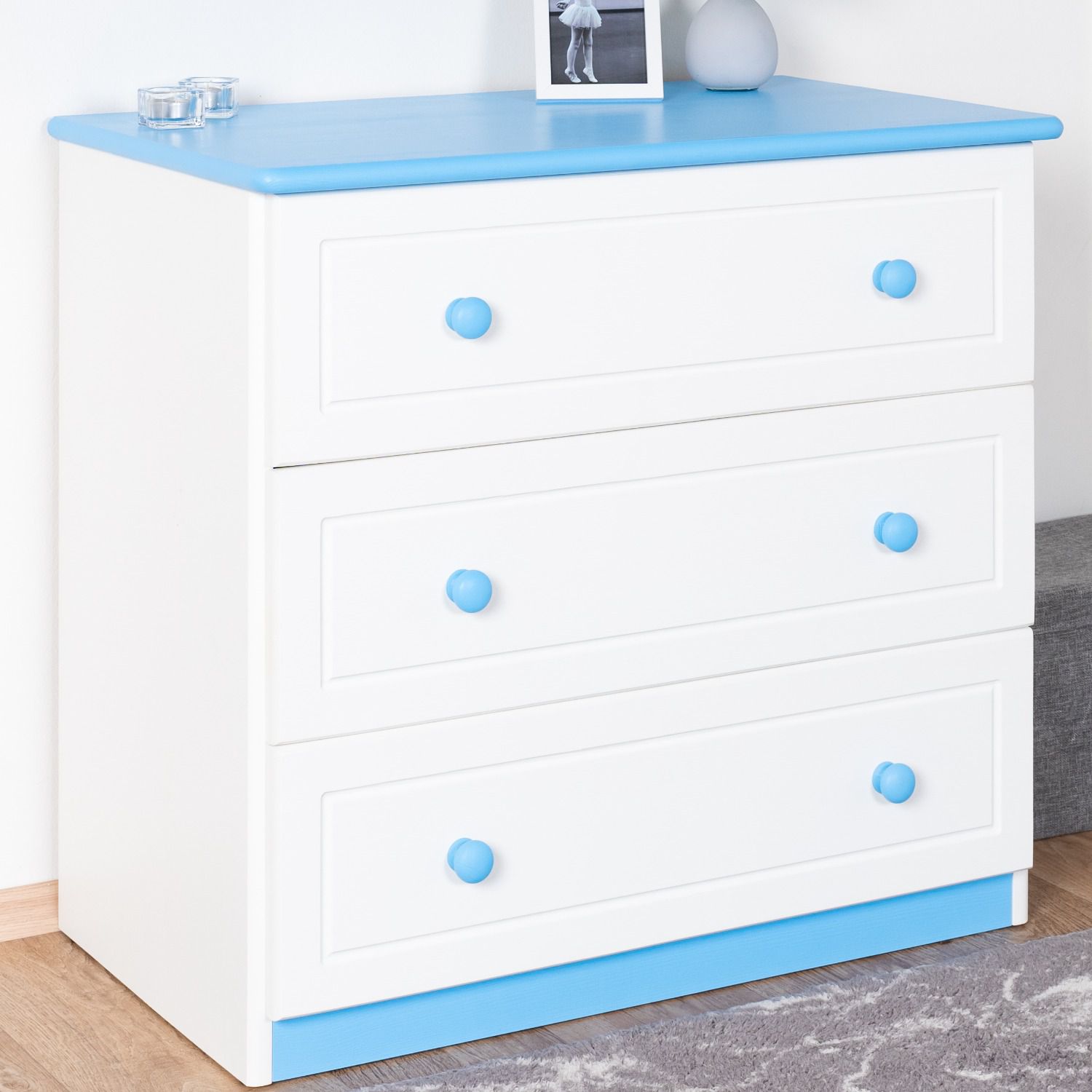 Cassettiera in pino massello laccato bianco/blu 006 - 78 x 80 x 47 cm (h x l x p)