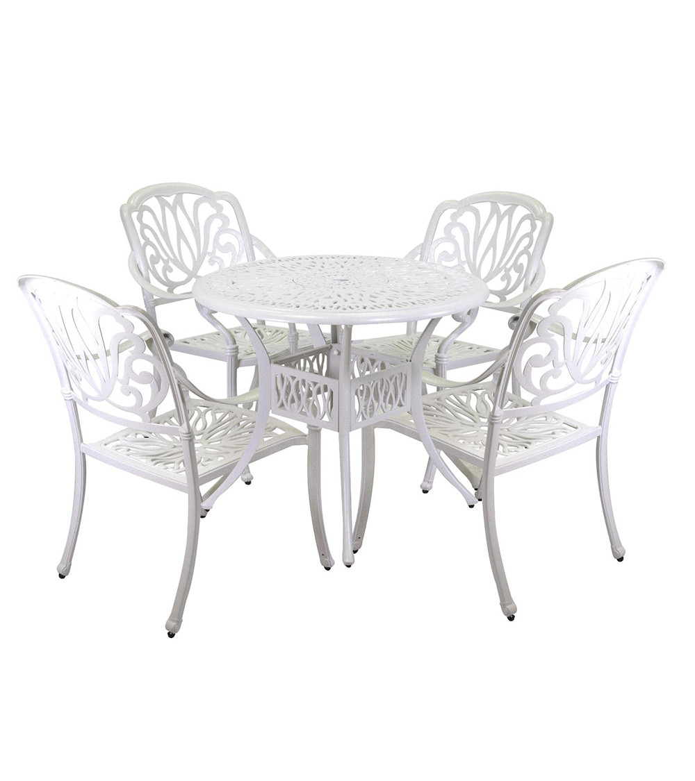 Tavolo alluminio pressofuso Maryland bianco tondo con 4 poltrone c/braccioli