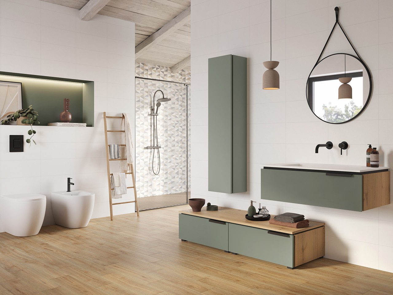 Cassettiera TOUCH 140 cm 2 Cassetti Verde Salvia Opaco con Top sp. cm. 1,8 e Fianchi Rovere Nodi-9013009