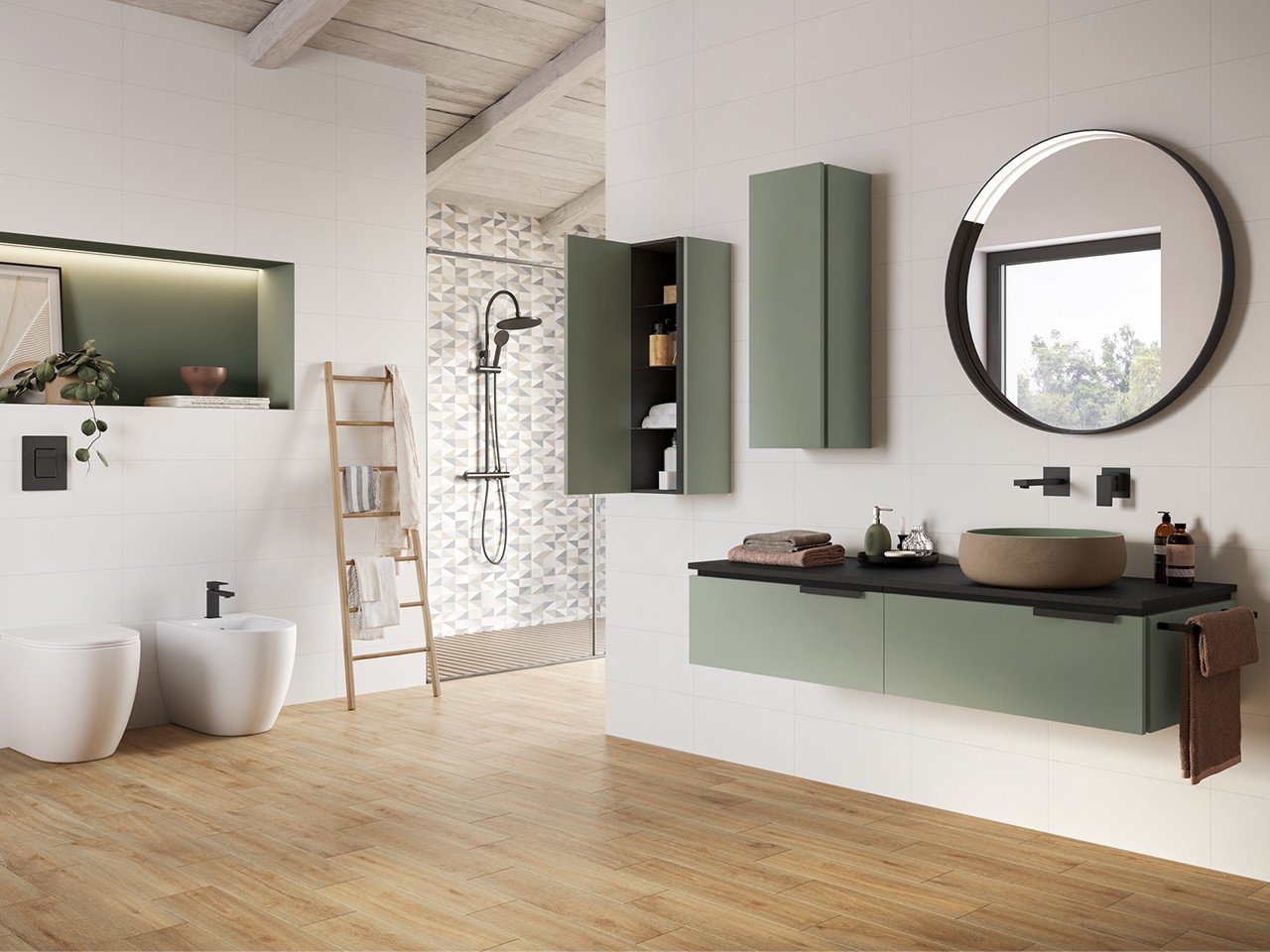 Cassettiera TOUCH 140 cm 2 Cassetti Verde Salvia Opaco e Top Phoenix Nero opaco-9012669