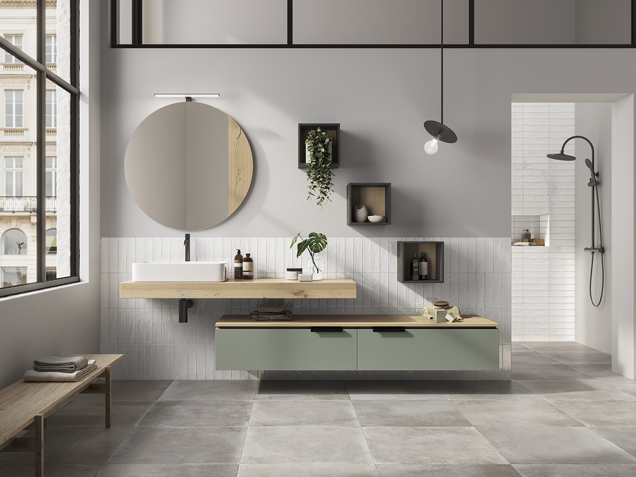 Cassettiera TOUCH 140 cm 2 Cassetti Verde Salvia Opaco e Top 1,8 cm Rovere Nodi-9012671