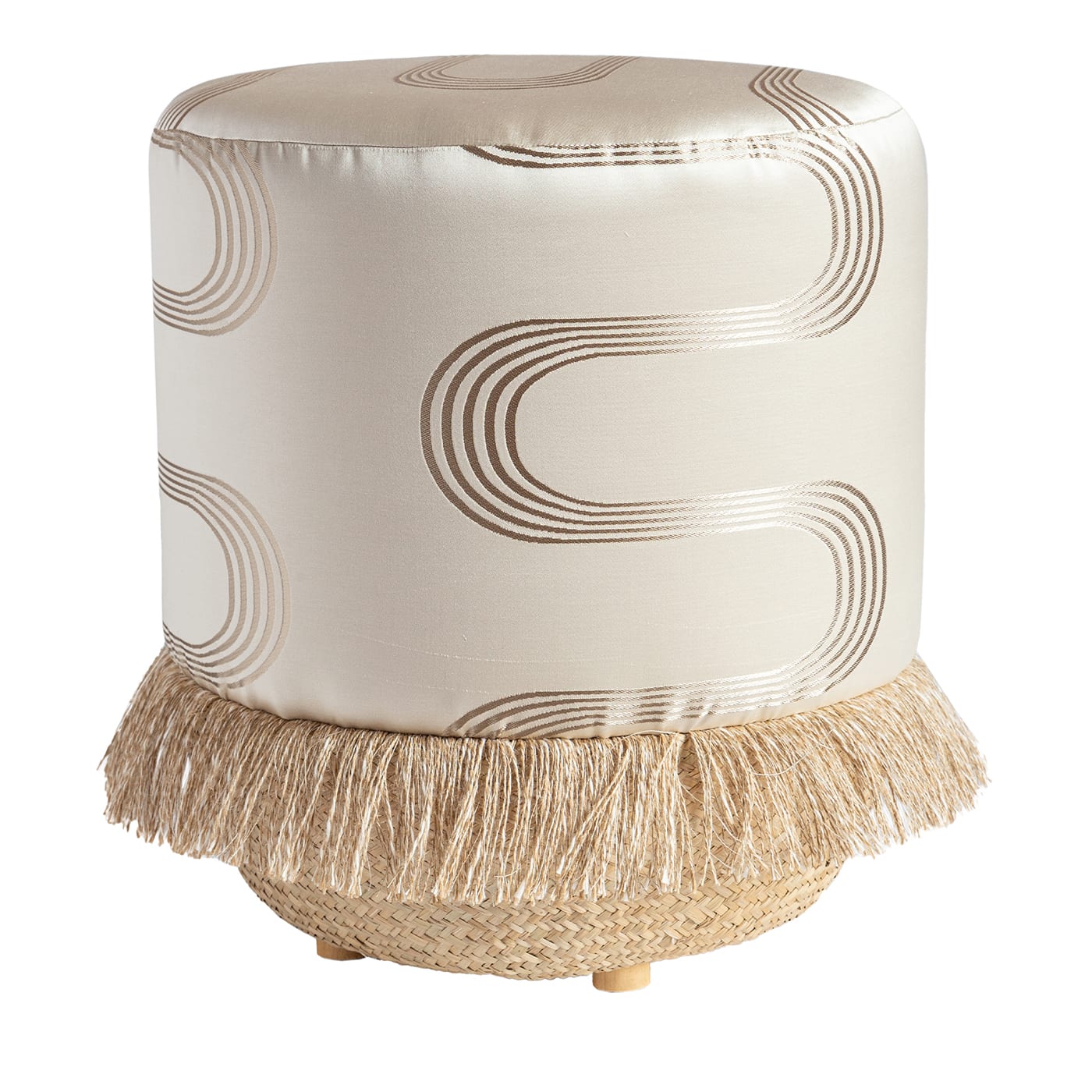 Pouf Vague Avorio con tessuto d'archivio Rubelli e base in cesta