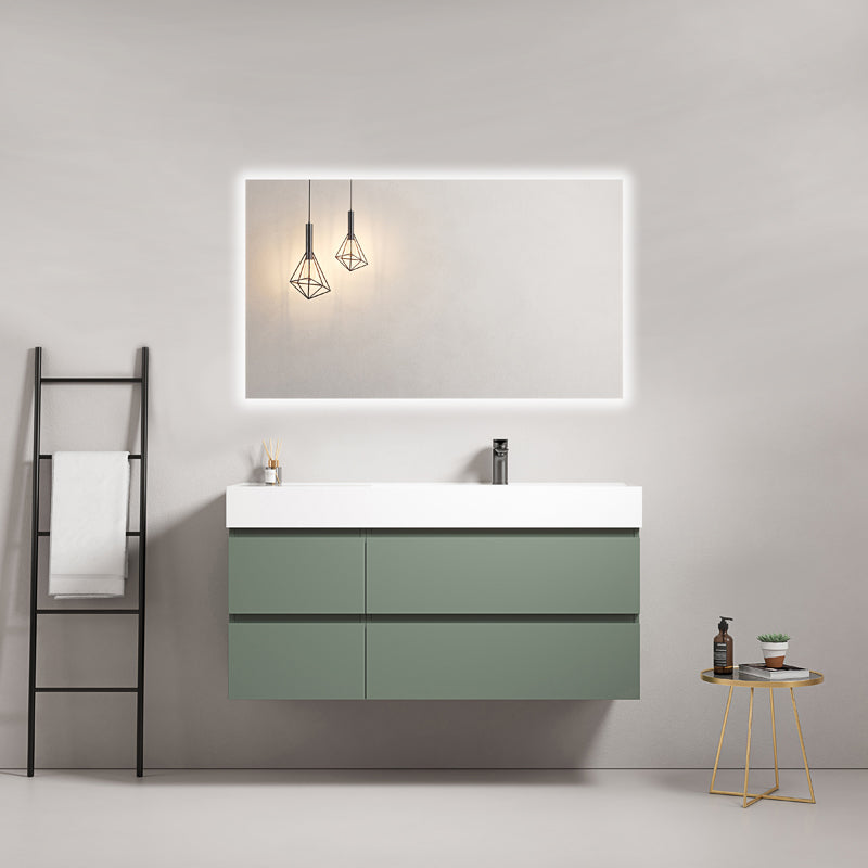 Mobile bagno sospeso 120 cm Verde Salvia Lavabo a Destra in Resina Specchio Quadro Retroilluminato - Fiji Paint
