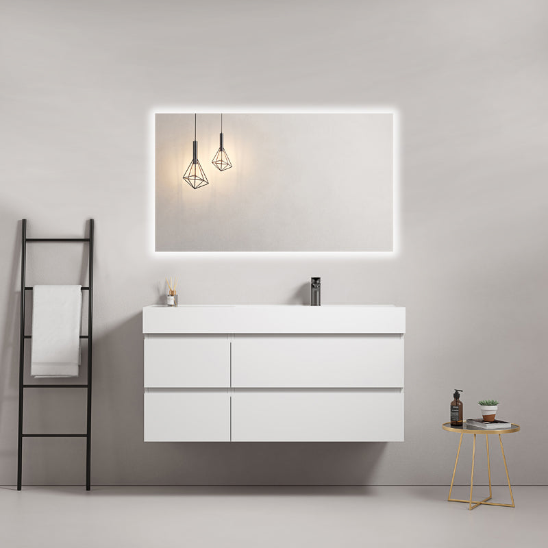 Mobile bagno sospeso 120 cm Bianco Lavabo a Destra in Resina Specchio Quadro Retroilluminato - Fiji Paint