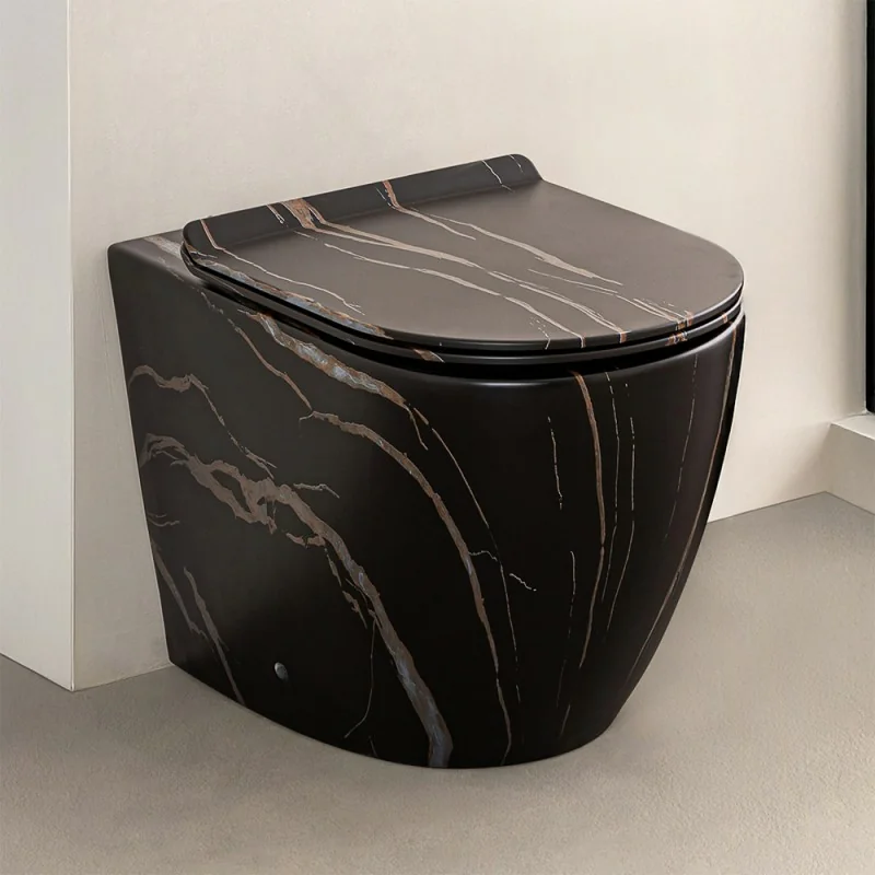 Water filoparete Rimless ceramica marmorizzata nera con sedile Tokyo