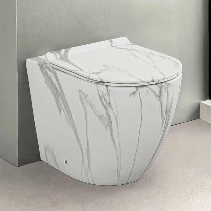 WC filomuro Rimless in ceramica marmorizzata bianca con sedile Tokyo