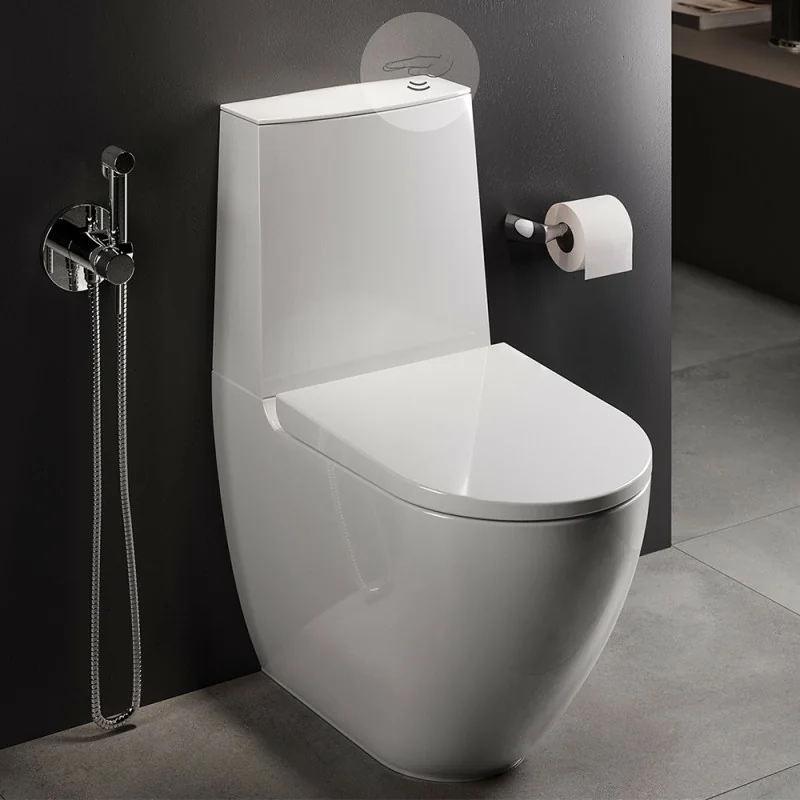 WC monoblocco filomuro in ceramica con sedile e cassetta con sensore Rak Des