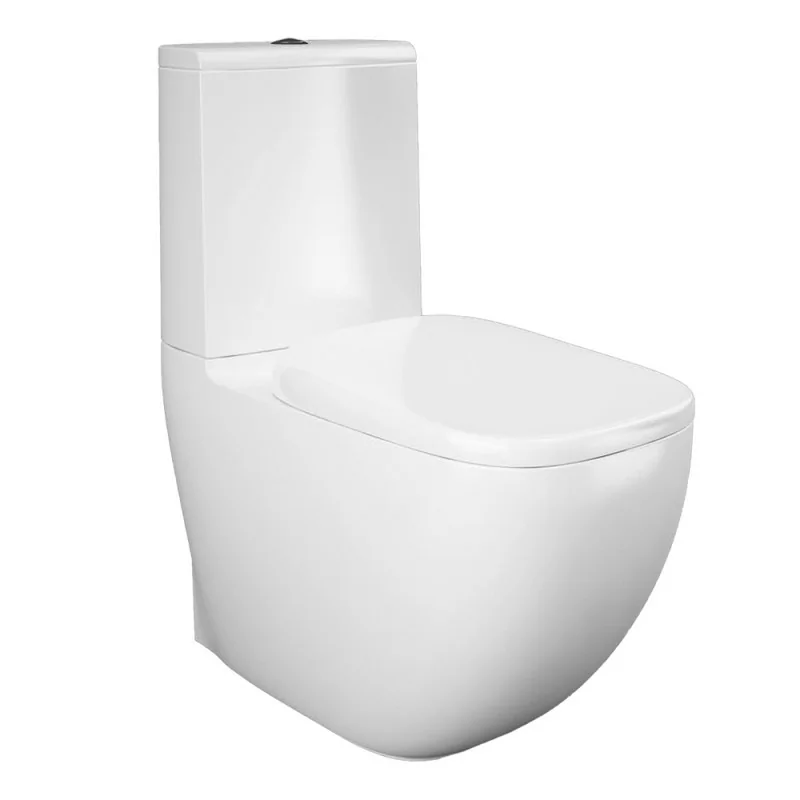 WC monoblocco filomuro in ceramica con scarico Rimless, cassetta e sedile Rak Illusion